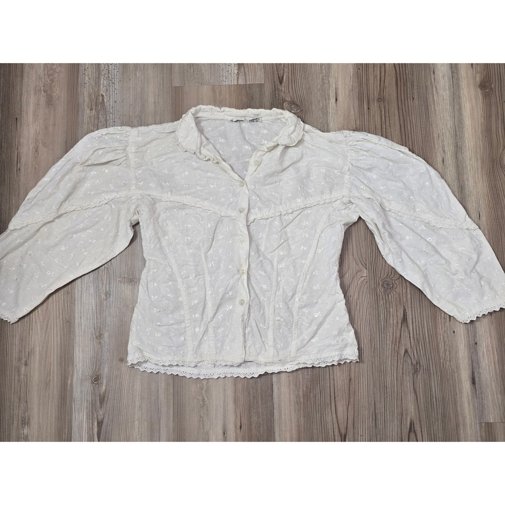 Blossoms White Cotton Embroidered Eyelet Lace 3/4 Puff Sleeve Blouse Womens M